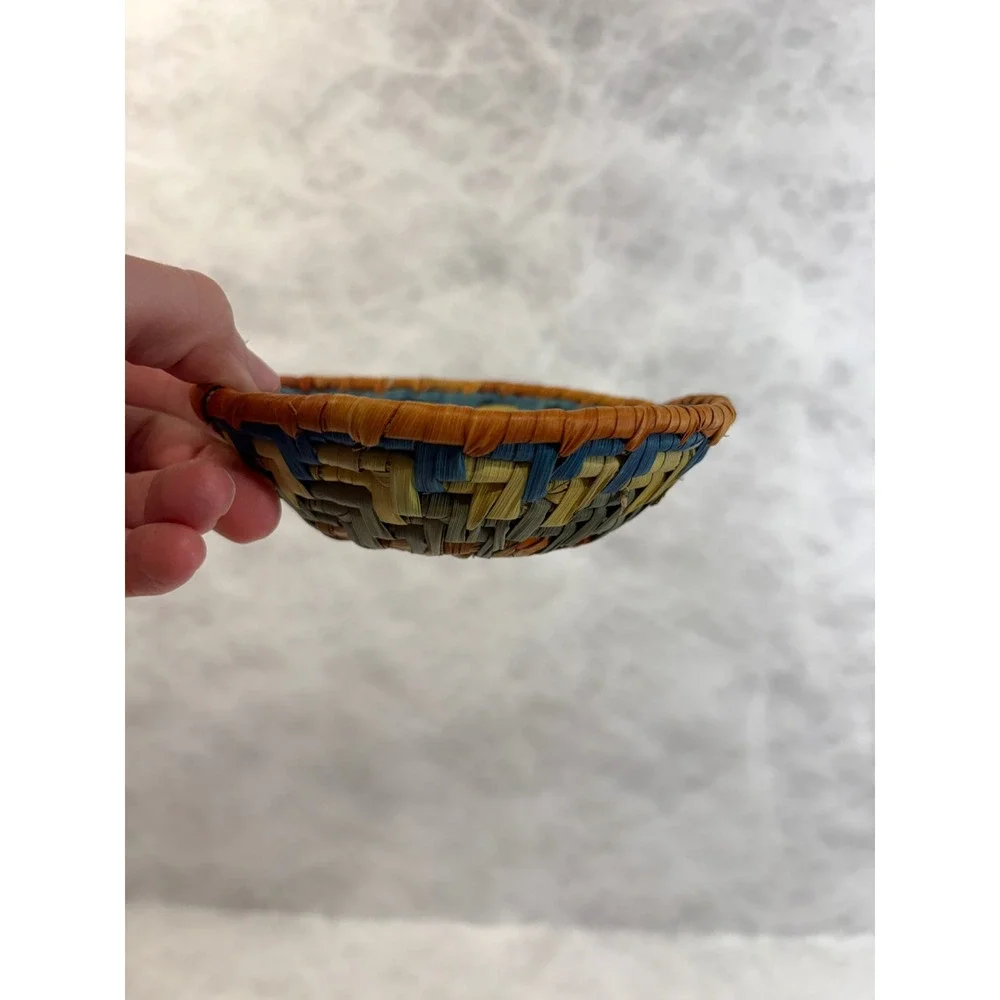 Miniature Handwoven Coiled Basket Bowl Multi Color Boho Decorative Small 4 Inch